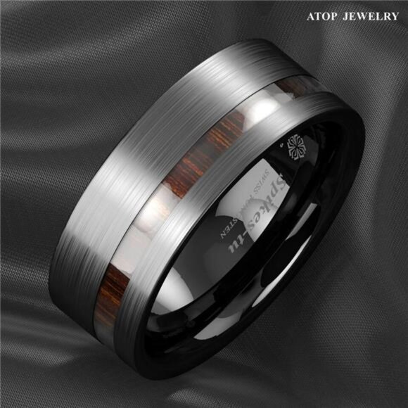 Men's Wedding Band - Black Brushed Off Center Koa Wood Ring for Men and Women - Picture 8 of 9